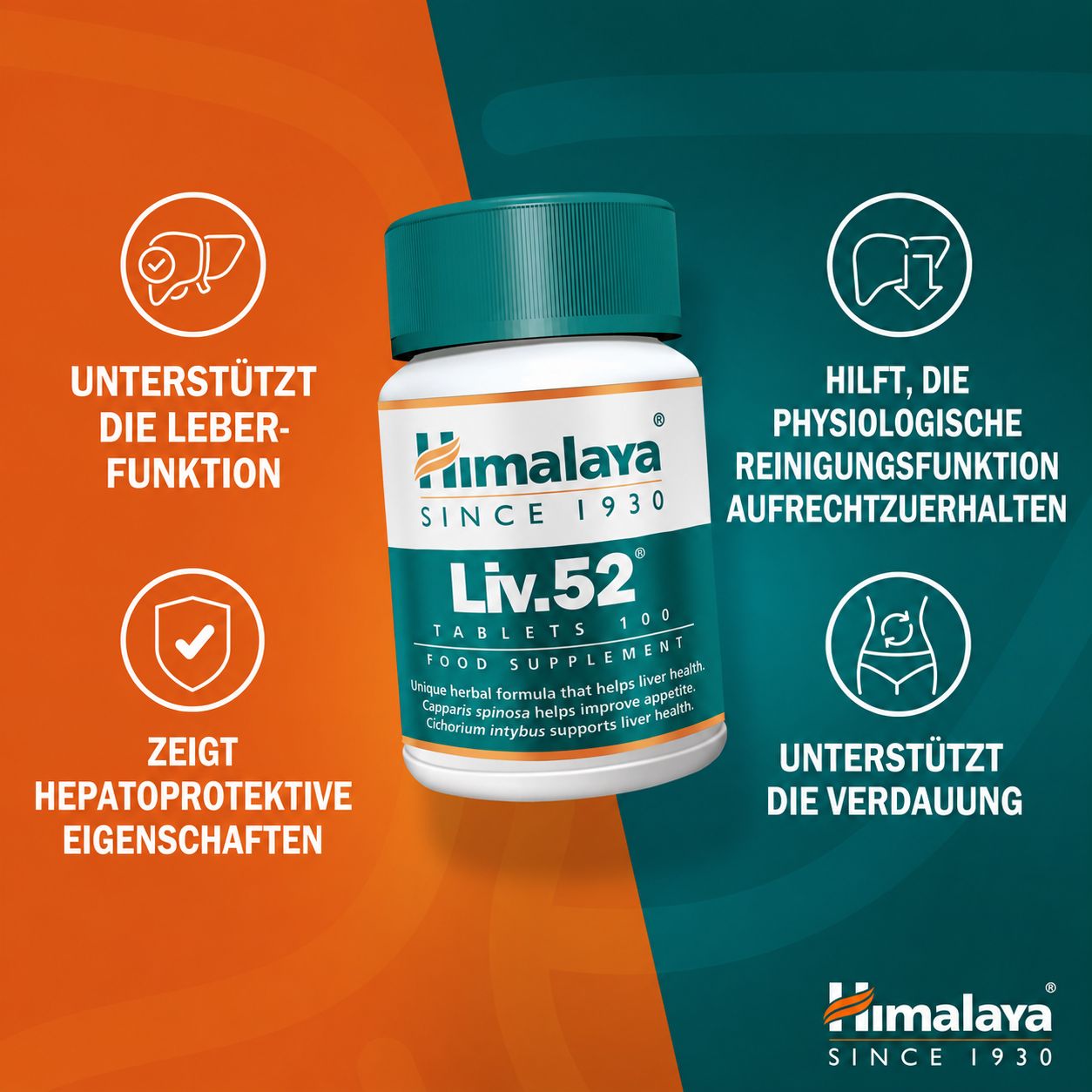Himalaya Liv.52 Tabletten Flasche mit Icons für Leberfunktion, Schutz und Verdauung.