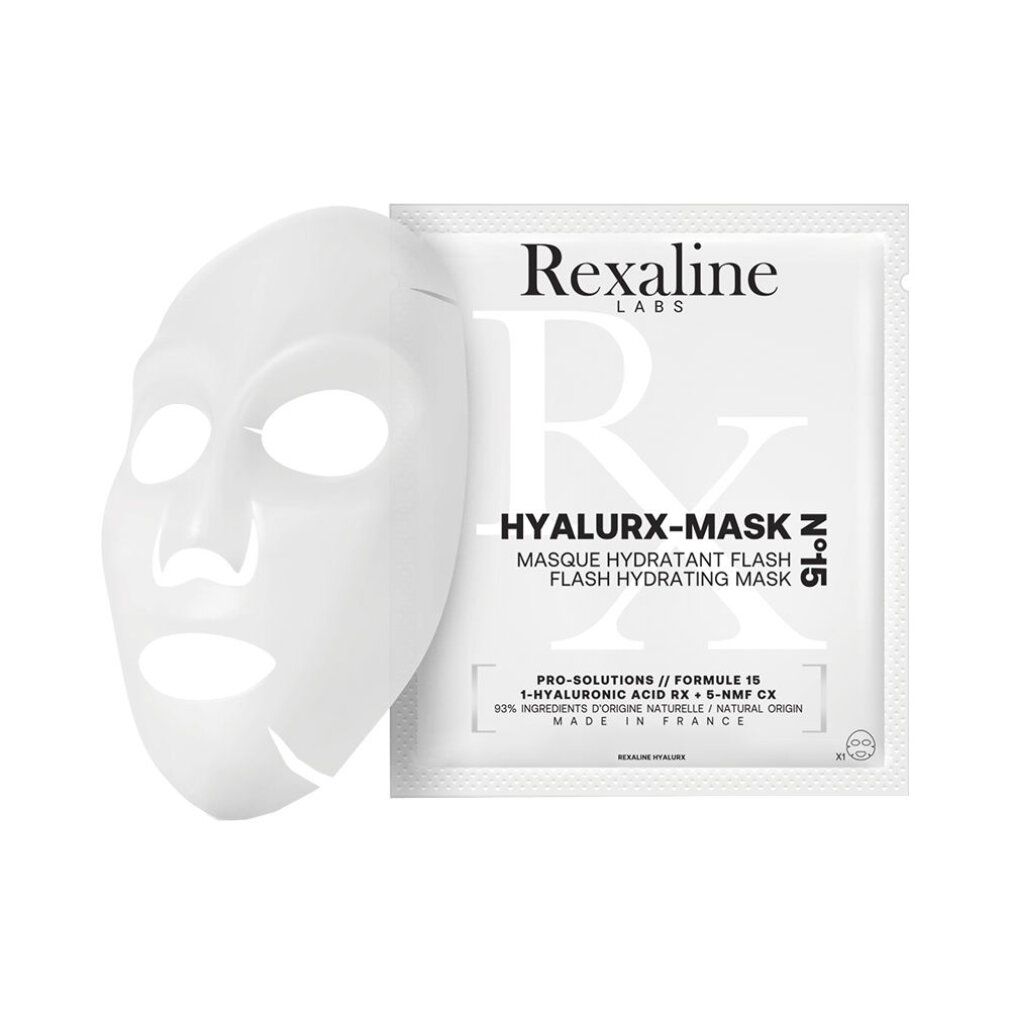 Rexaline Hyalurx-Mask: Eine weiße Gesichtsmaske und eine einzelne Verpackung.