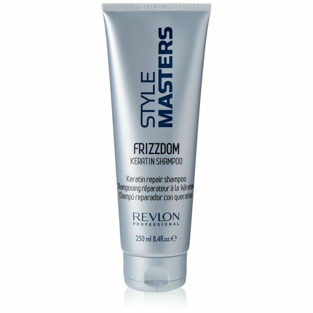 Silberne Tube mit "STYLE MASTERS FRIZZDOM KERATIN SHAMPOO". Text in Englisch, Spanisch und Französisch. Marke: Revlon Professional.