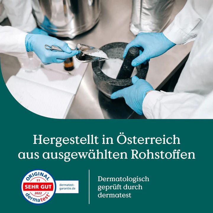 Herstellung in Österreich mit ausgewählten Rohstoffen, dermatologisch geprüft.
