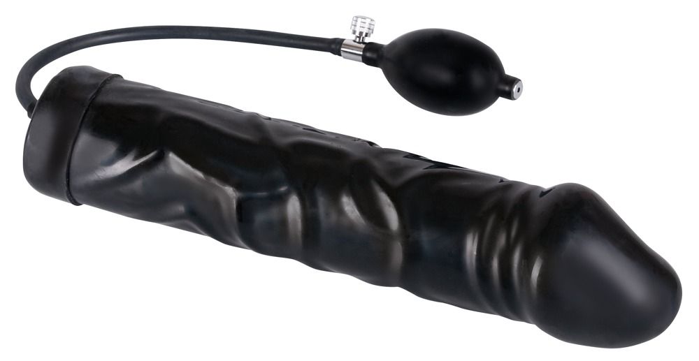 Schwarzer, aufblasbarer Dildo mit Pumpe. Latex-Material. Geriffelte Oberfläche. Mit schwarzem Schlauch und Pumpe.
