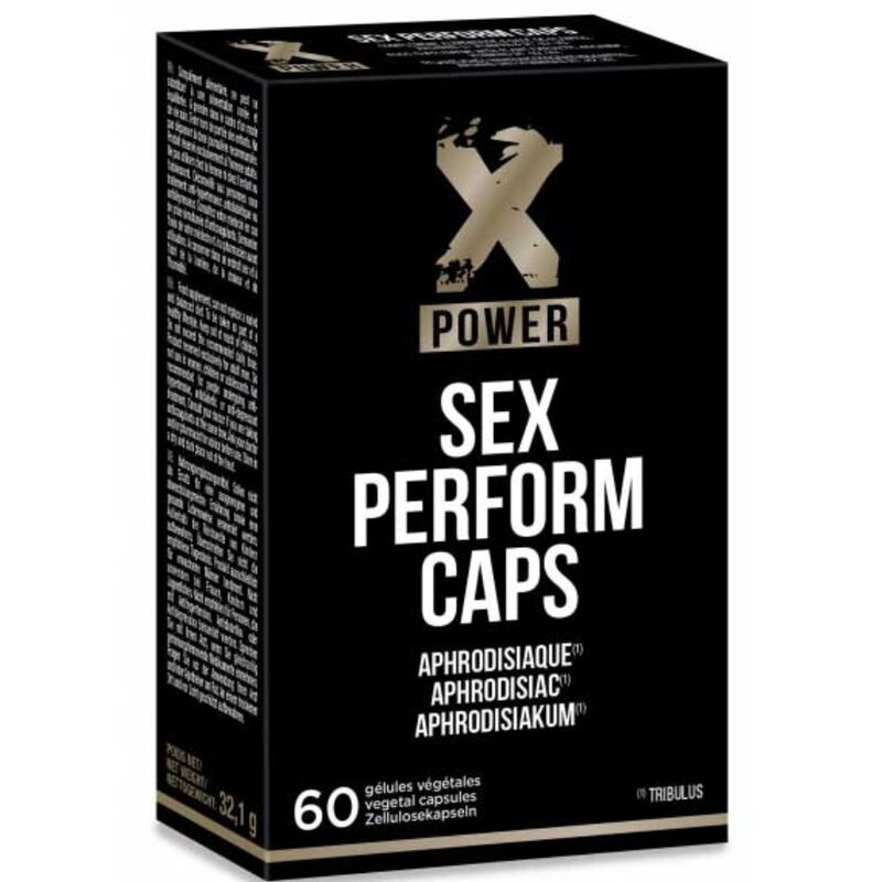 Schwarze Produktverpackung mit weißer Schrift. Enthält "X POWER SEX PERFORM CAPS". Enthält 60 Kapseln. Mit Tribulus.