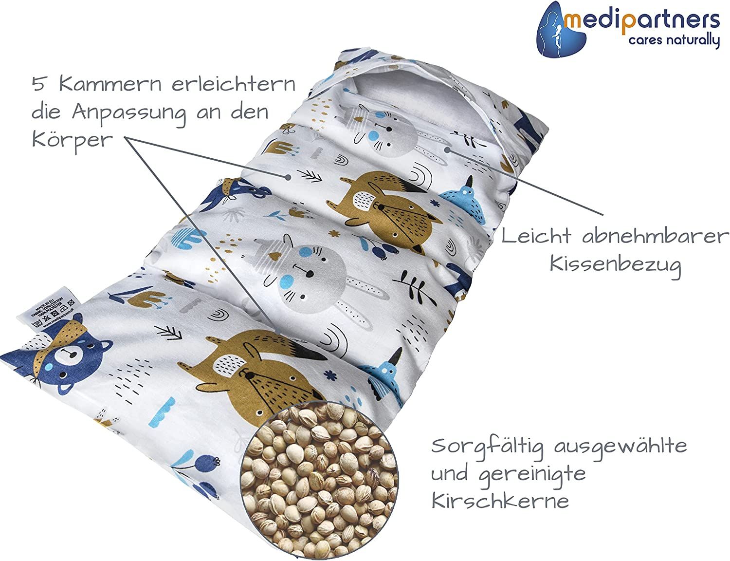Kissen mit Tiermuster, 5 Kammern, abnehmbarer Bezug, Kirschkerne. Logo 'medipartners'.