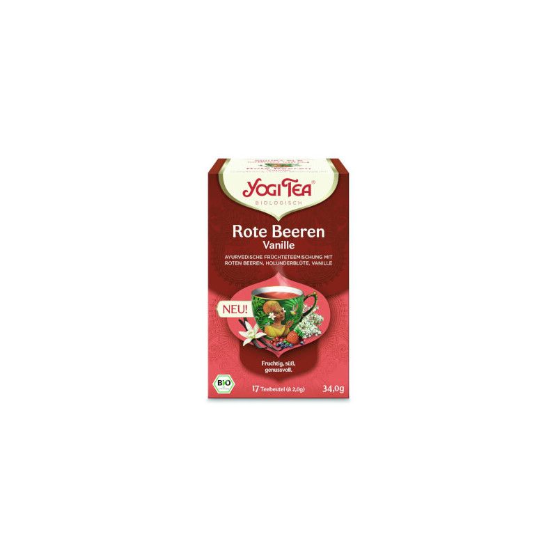 Verpackung von Yogi Tea Rote Beeren Vanille. Rote und weiße Schrift. Abbildung einer Tasse Tee mit Früchten.