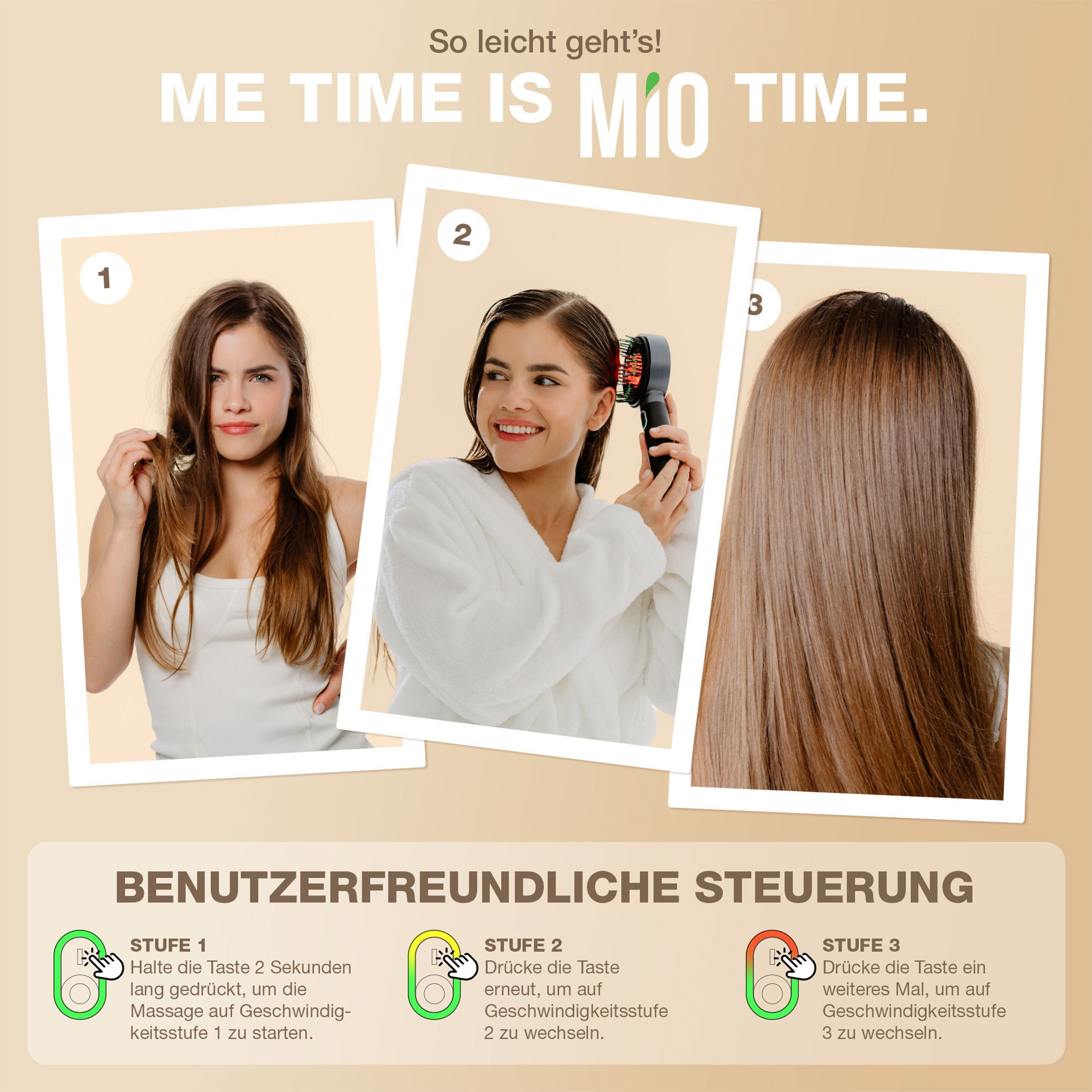 Anleitung zur Bedienung des Kopfmassagegeräts. 3 Schritte mit grünen, gelben und roten Tasten.