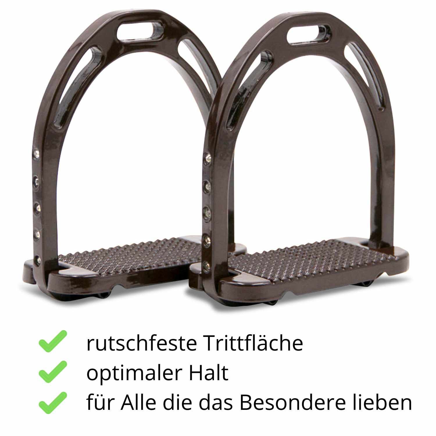 Zwei braune Steigbügel. Text: rutschfeste Trittfläche, optimaler Halt, für Alle die das Besondere lieben.