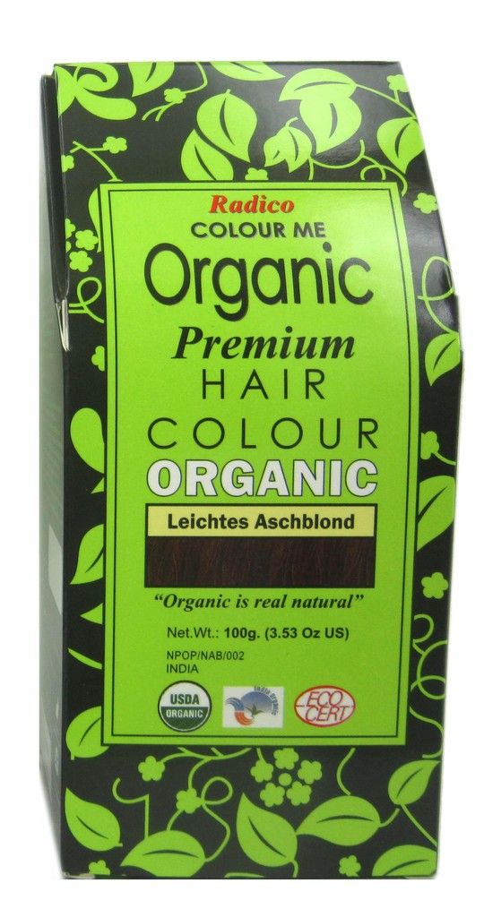 Verpackung von Radico Haarfarbe. Grün-schwarze Schachtel mit Aufschrift "Organic Hair Colour". Enthält "Leichtes Aschblond".