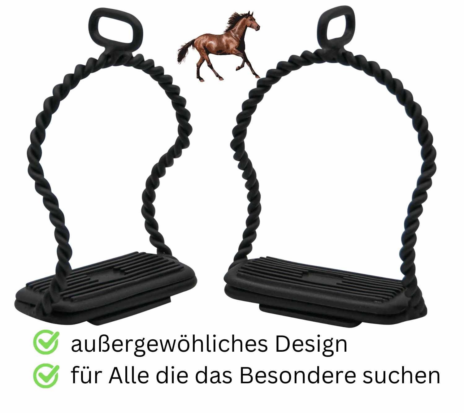 Zwei schwarze Steigbügel mit verdrehten Bügeln und rechteckigen Trittflächen. Text: außergewöhnliches Design, für Alle die das Besondere suchen.