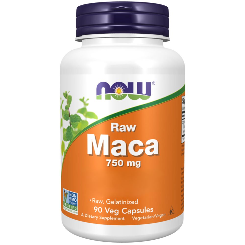 Weiße Flasche mit blauem Deckel. Orangefarbenes Etikett mit "Raw Maca 750 mg". "NOW"-Logo. 90 Vegane Kapseln. Nicht-GMO-Zertifizierung.