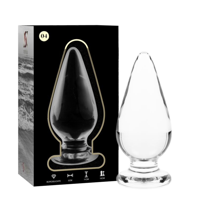 Analplug aus Glas, transparent. Mit Verpackung. Auf der Verpackung: Borosilikatglas, Maße.