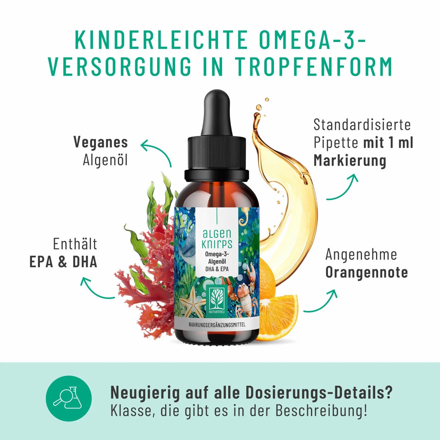 Flasche Algenknirps Omega-3 Algenöl mit Pipette, Orangenmotiv.