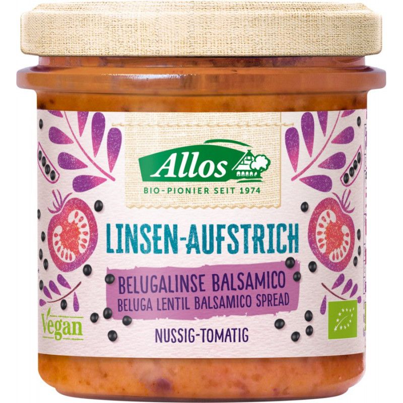 Glas mit Linsen-Aufstrich. Aufschrift: Allos, Linsen-Aufstrich Belugalinsen Balsamico, Nussig-Tomatig. Vegan-Siegel.