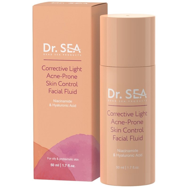 Beige Flasche und Verpackung. Aufschrift: Dr. SEA, Corrective Light, Acne-Prone Skin Control Facial Fluid.