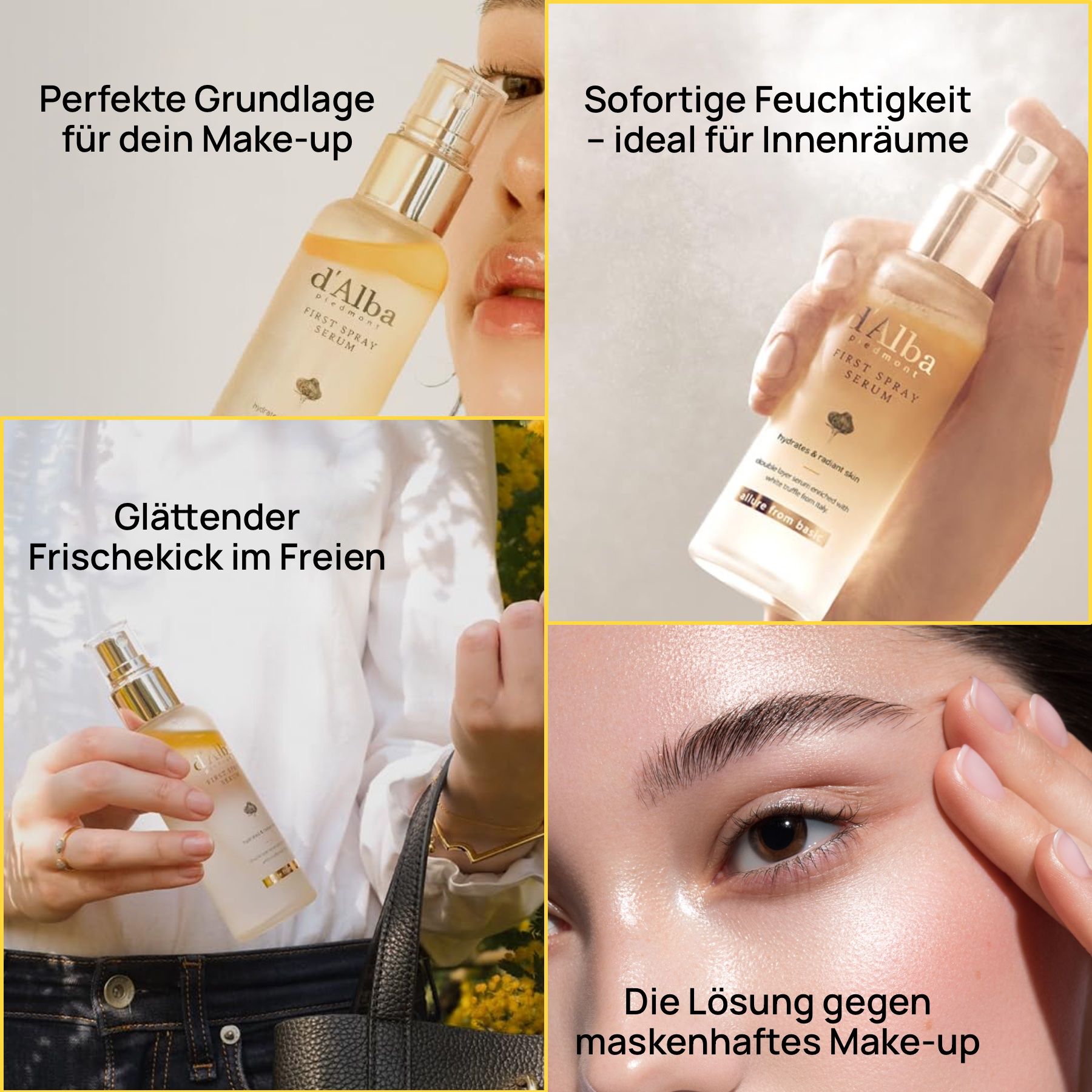 Collage mit Sprühflasche. Text: d'Alba, First Spray Serum. Text: Perfekte Grundlage, Sofortige Feuchtigkeit, Frischekick, Make-up.