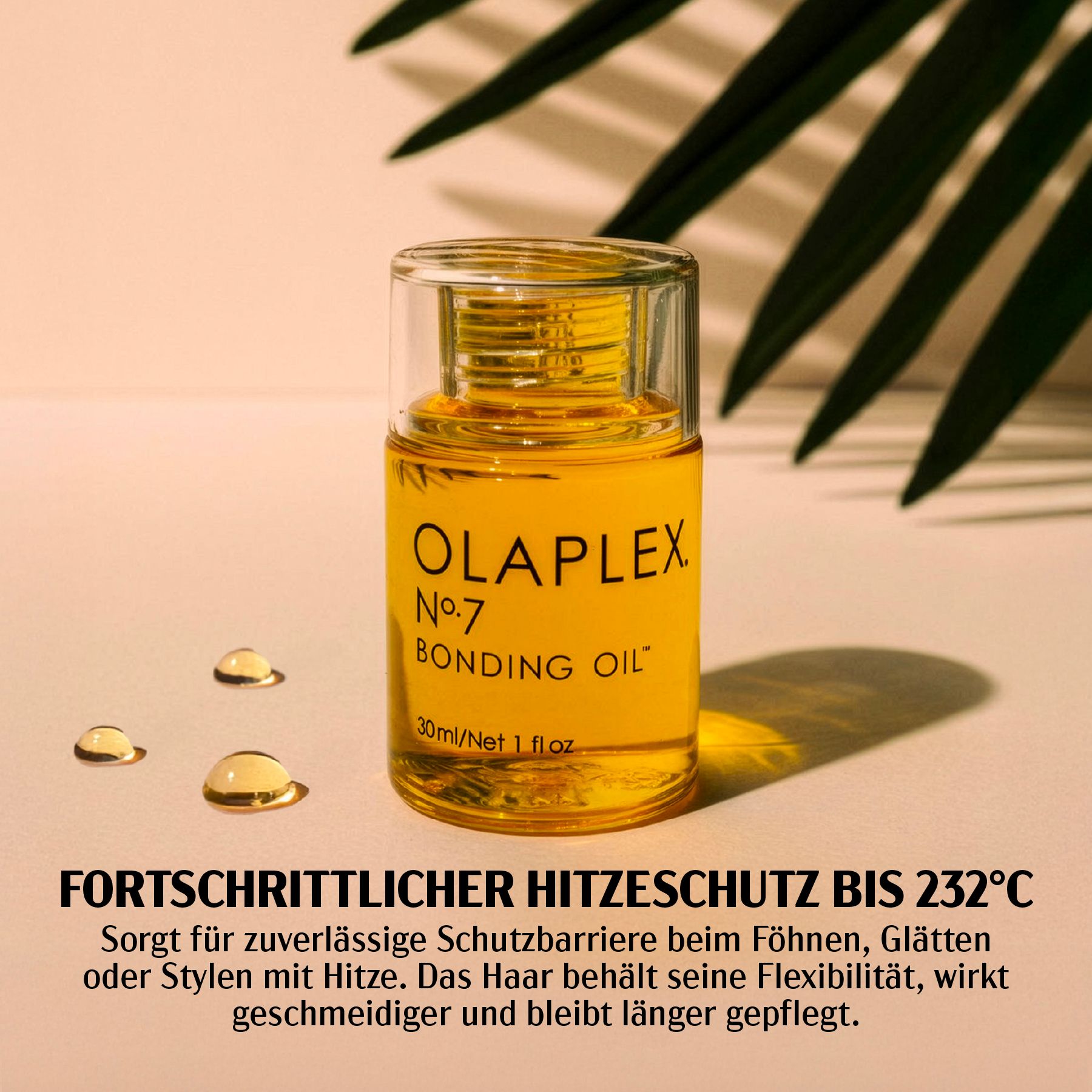 Olaplex Nr. 7 Bonding Oil-Flasche. Gelbes Öl. Text: Fortschrittlicher Hitzeschutz bis 232°C.