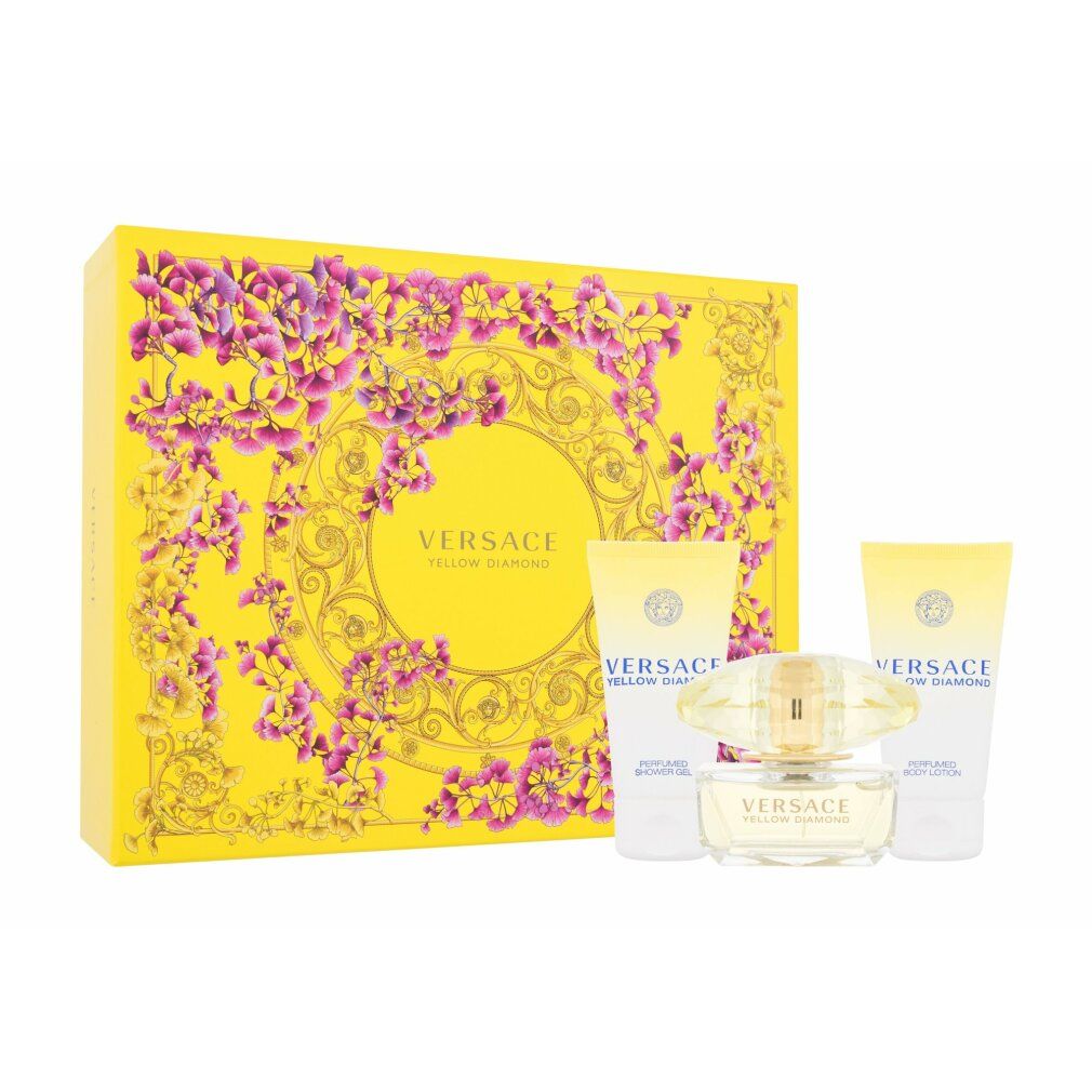 Gelbes Versace Geschenkset mit Parfümflakon und zwei Tuben. Verpackung mit floralen Elementen.