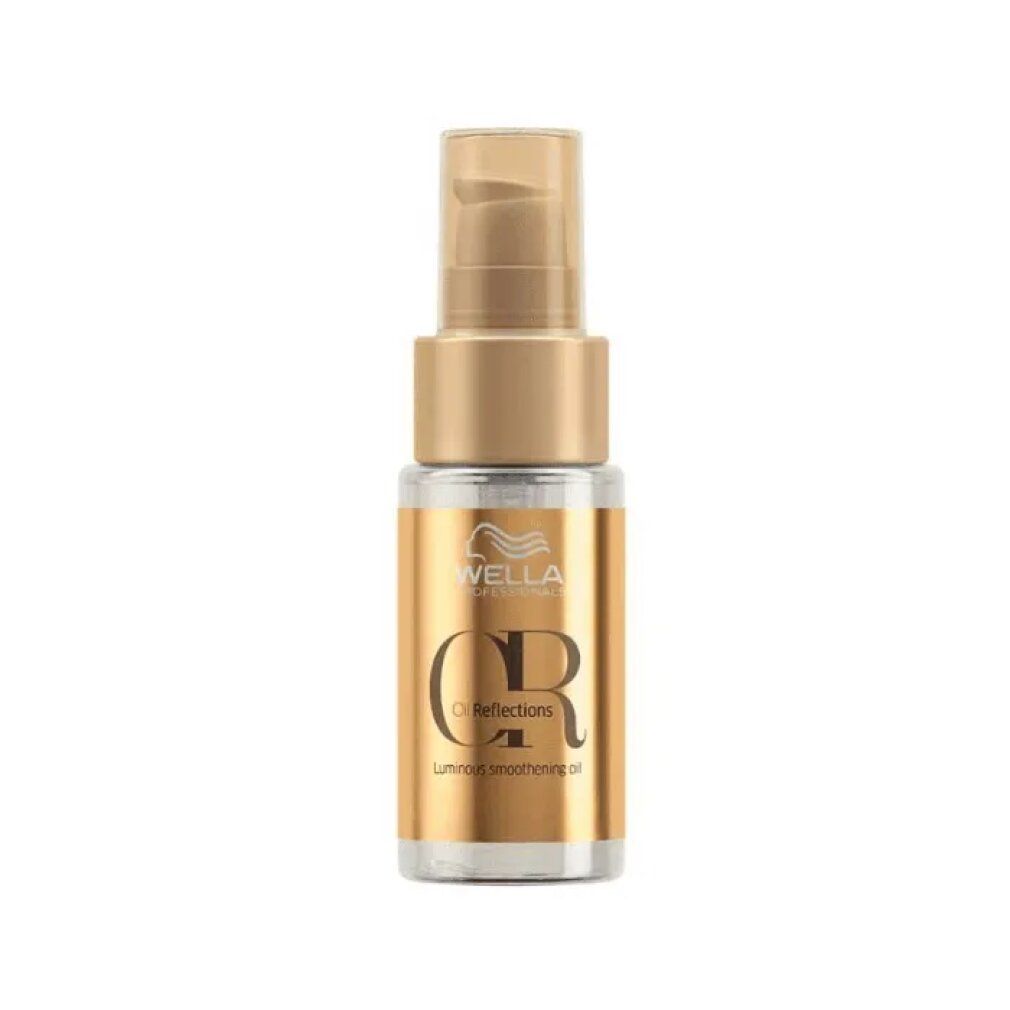 Klarflüssiges Haaröl in einer kleinen Flasche mit goldenem Pumpverschluss. Aufschrift: Wella, Oil Reflections.