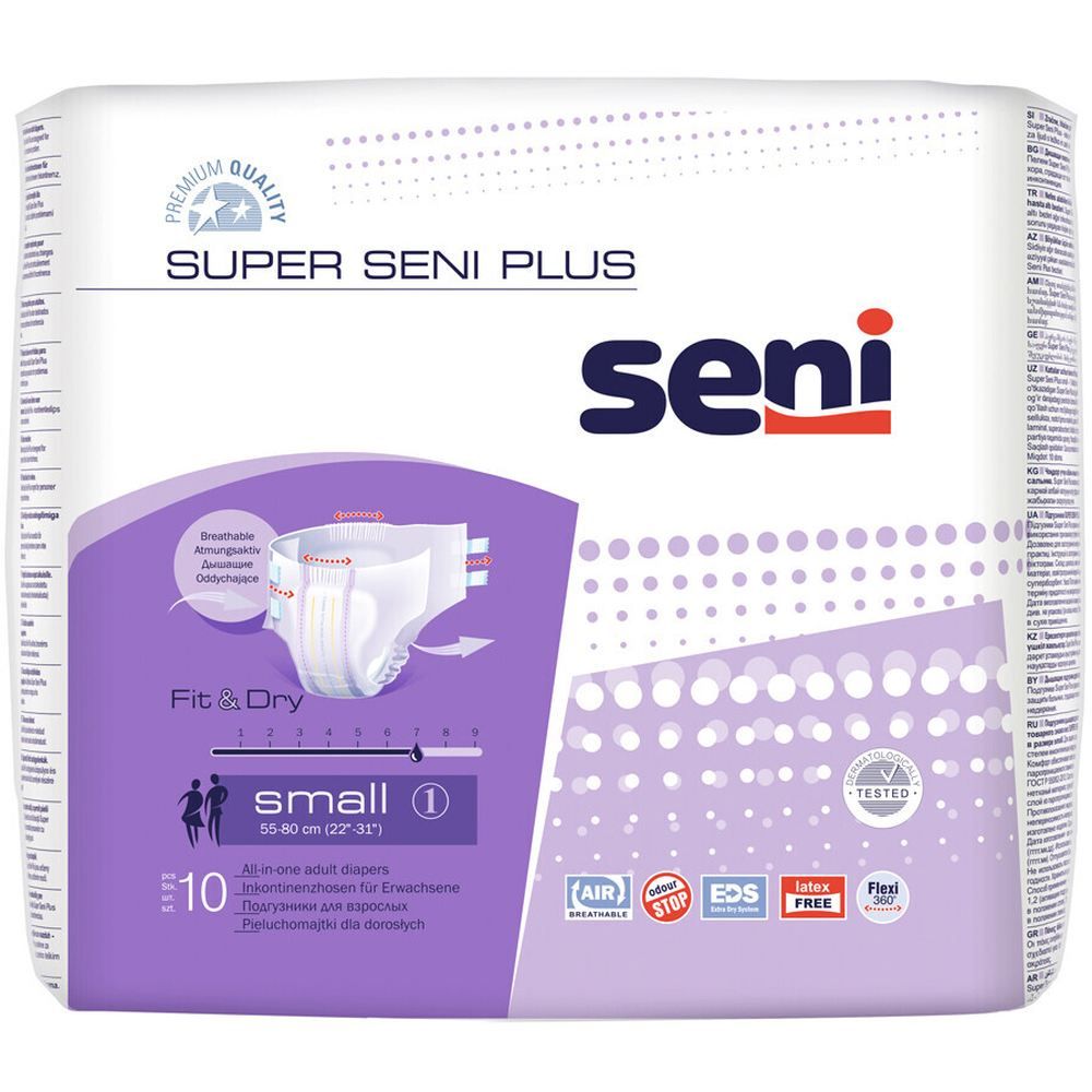 Verpackung Super Seni Plus. Weiß, mit lila Akzenten. Zeigt ein Produktbeispiel. Größe 'small'. 10 Stück.