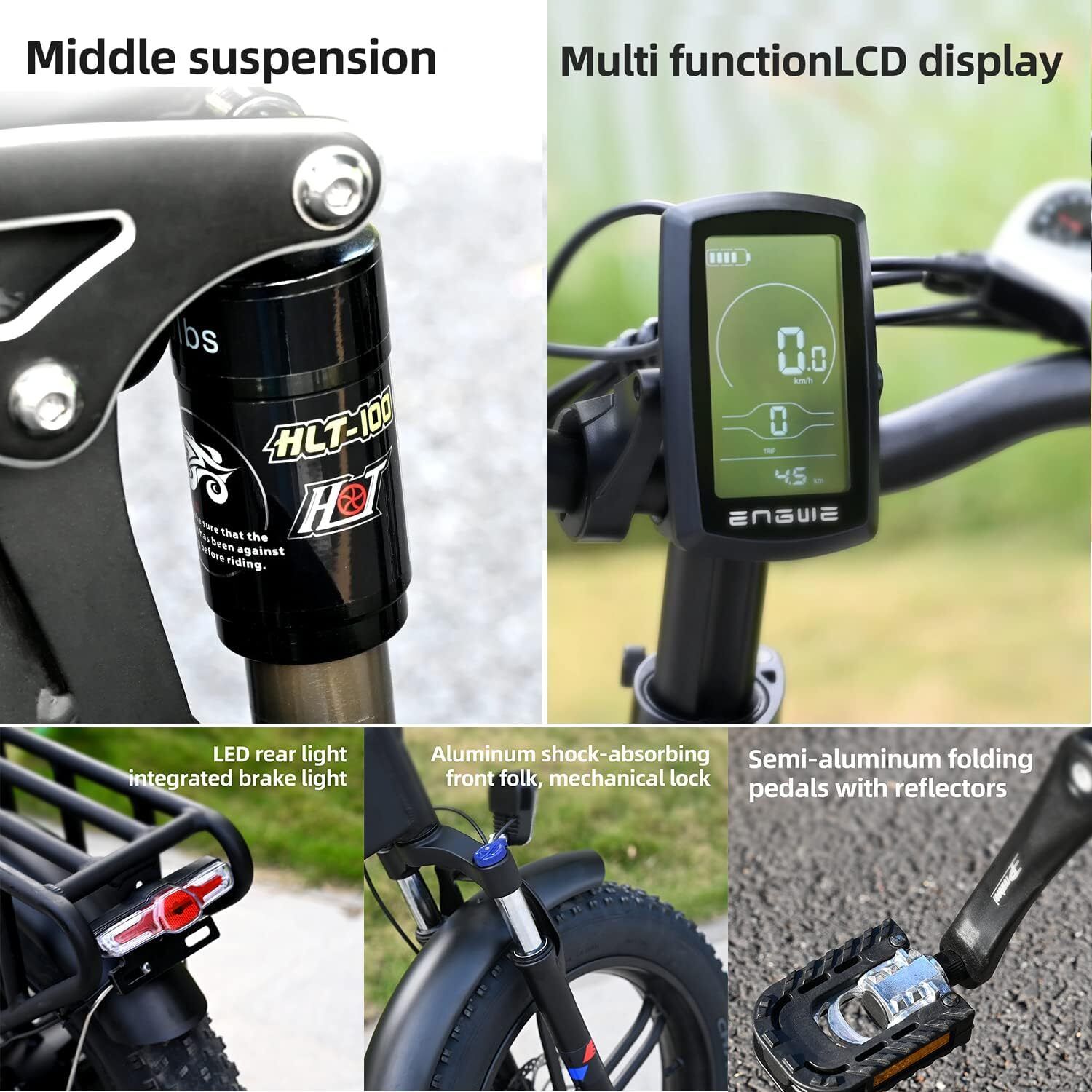 Nahaufnahmen von Fahrradkomponenten: Federung, LCD-Display, Rücklicht, Gabel, Pedale.