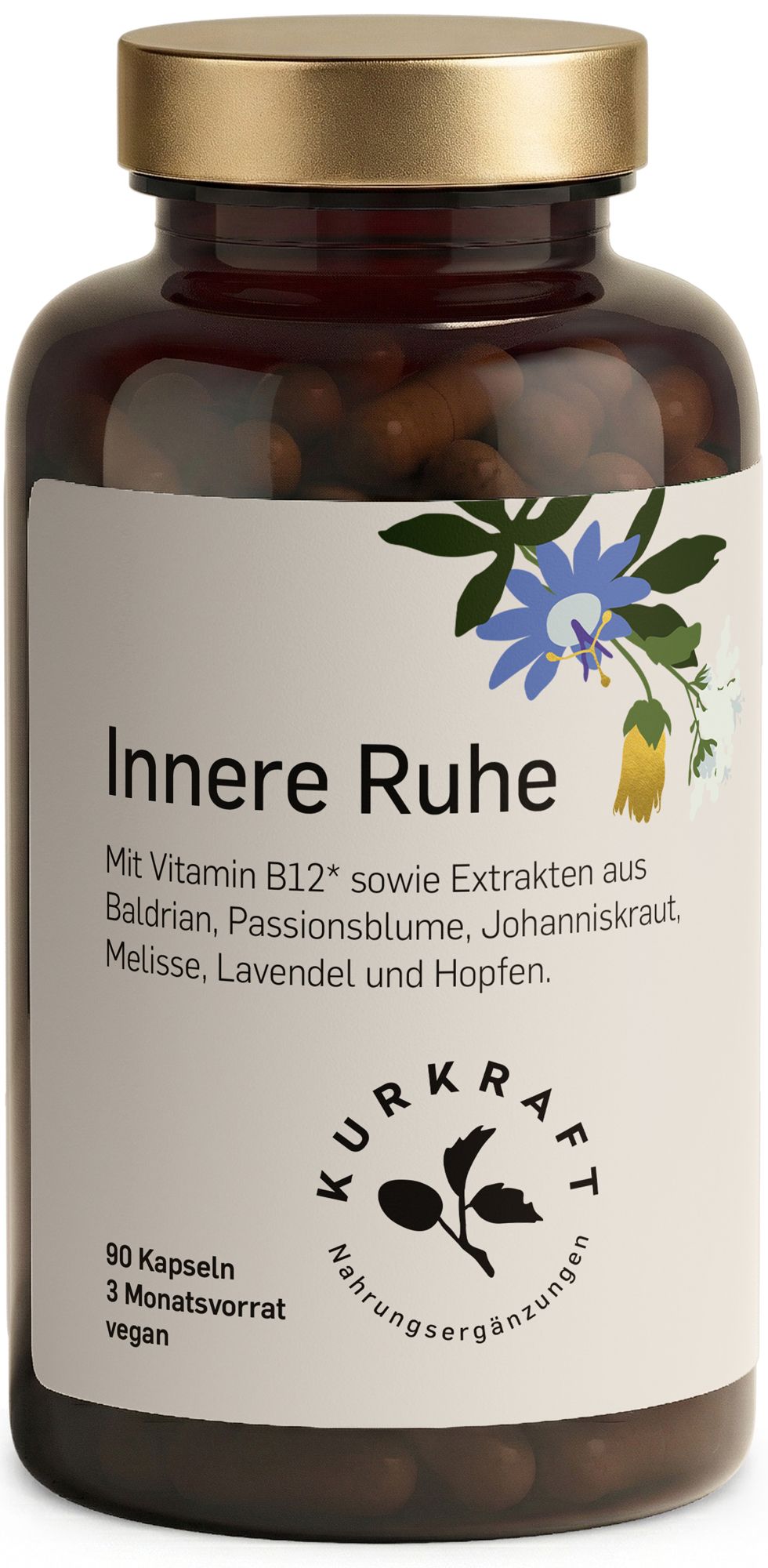 Braune Glasflasche mit goldenem Deckel. Text: Innere Ruhe. 90 Kapseln, 3 Monatsvorrat, vegan. Mit Vitamin B12 und Extrakten aus Baldrian, Passionsblume, Johanniskraut, Melisse, Lavendel, Hopfen.
