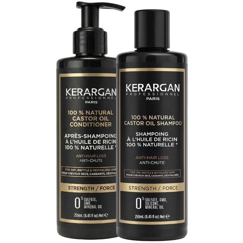 Zwei schwarze Flaschen Kerargan Shampoo und Conditioner. Aufschrift: 100% natürliches Rizinusöl, Anti-Haarausfall, Stärke/Kraft.
