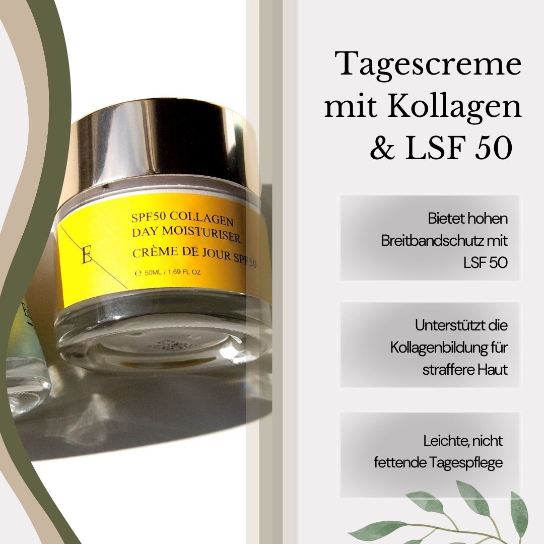 Tagescreme mit gelbem Etikett. Goldener Deckel. Text: SPF50 Kollagen.