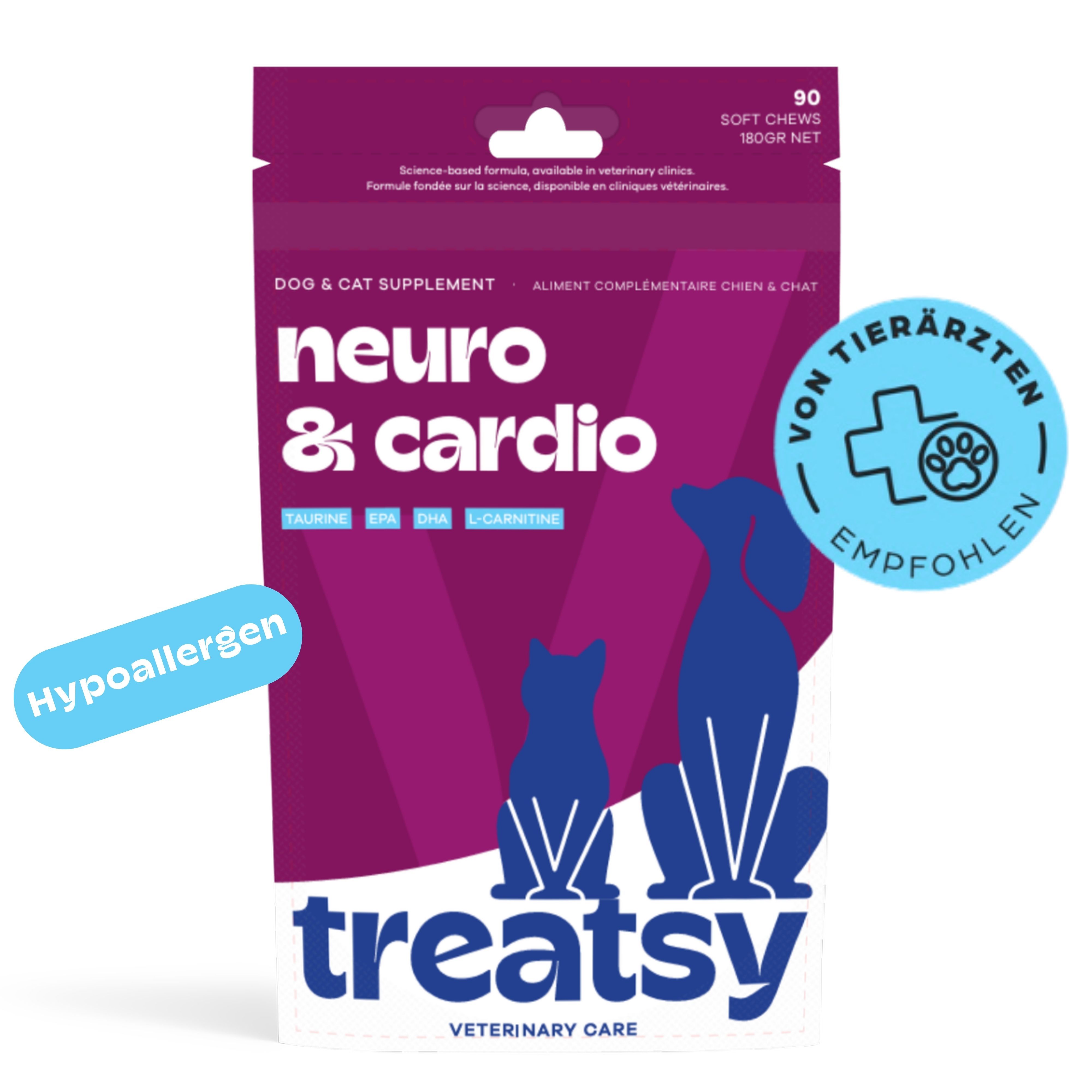 Ergänzungsfuttermittel für Hunde und Katzen. Packung mit 90 Soft Chews. Marke Treatsy, Text: Neuro & Cardio.