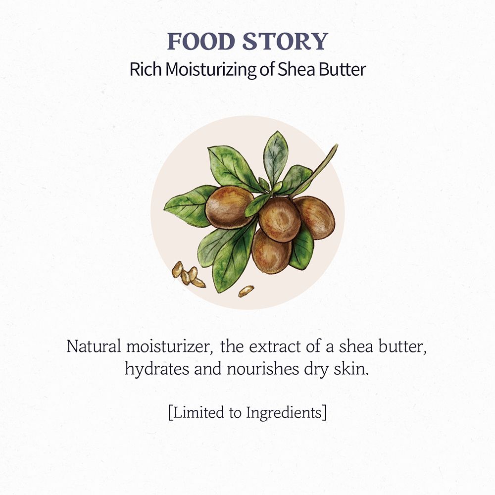Illustration von Sheabutter-Früchten und Blättern. Text: Rich Moisturizing of Shea Butter, Natural moisturizer.
