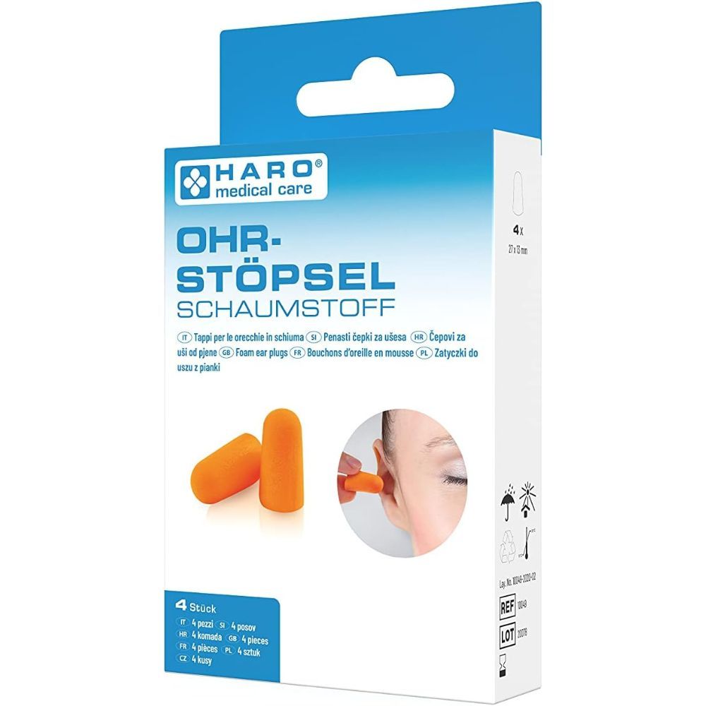 Verpackung mit Ohrstöpseln. Orangefarbene Schaumstoff-Ohrstöpsel und eine Person, die einen Ohrstöpsel einsetzt, sind abgebildet.