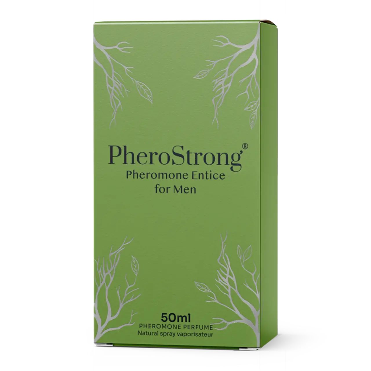 Grüner Karton mit Aufschrift: PheroStrong Pheromone Entice for Men, 50ml. Dekorative Äste.