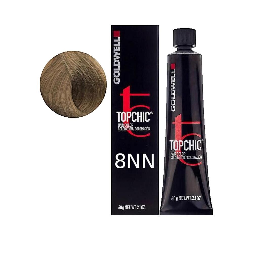 Goldwell Topchic Haarfarbe 8NN, Tube und Schachtel. Haarsträhne. Schwarze Tube, schwarze Schachtel mit roter Schrift.