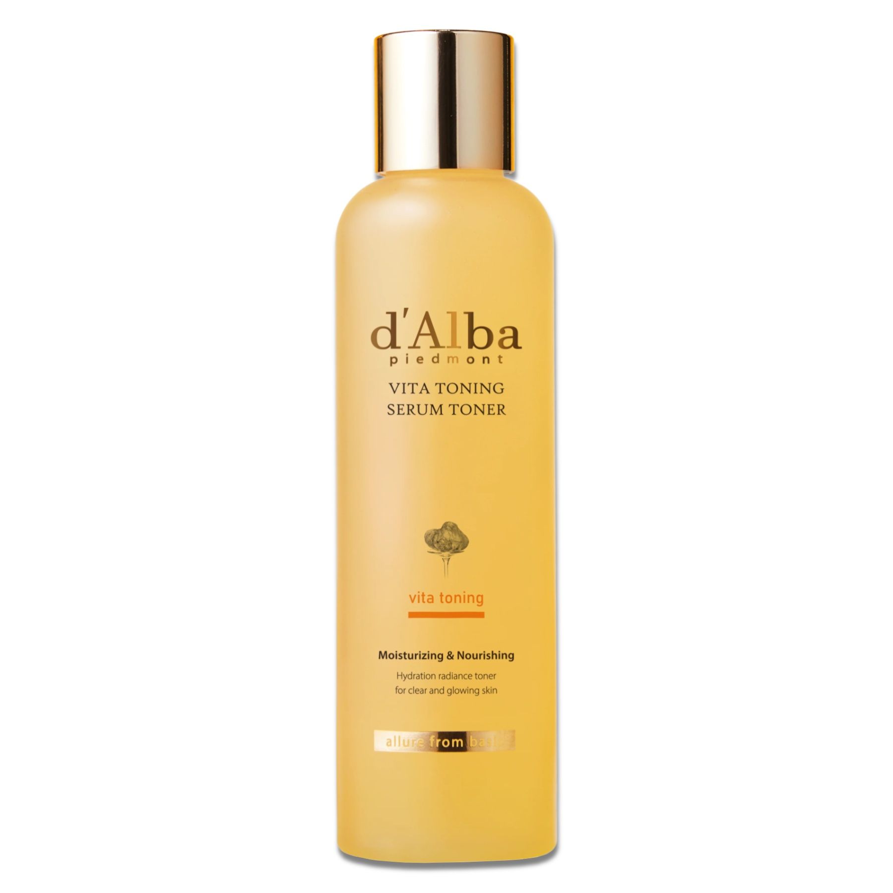 Gelbe Flasche mit d'Alba Vita Toning Serum Toner. Text: Moisturizing & Nourishing. Hydration balance toner for clear and glowing skin.