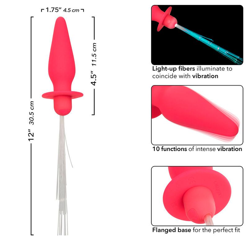 Pinkfarbener Analplug mit Maßen. Kegelförmiger Schaft, runder Flansch. Weiße Lichtfasern. Zusätzliche Bilder: Vibration, Licht.