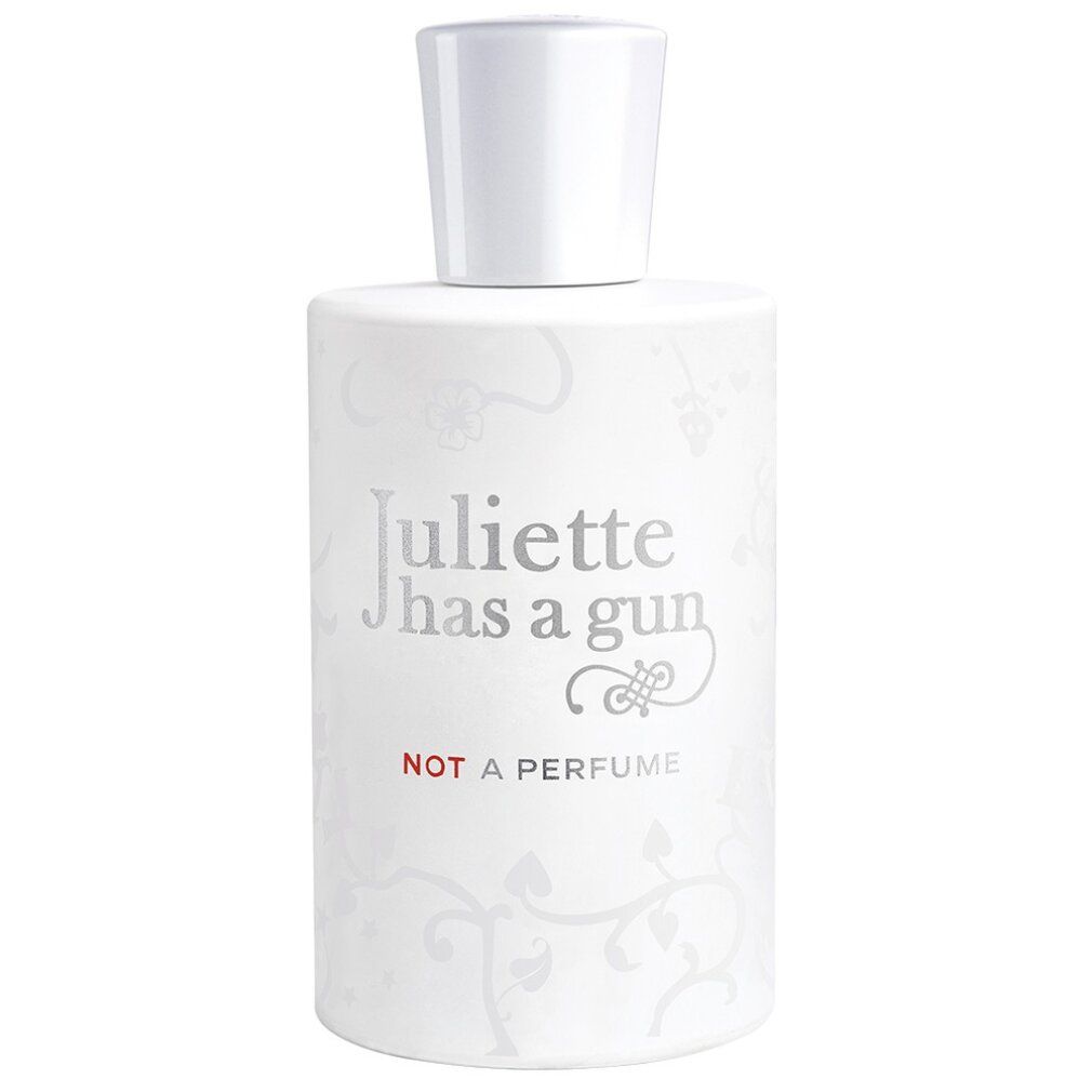 Weißer Flakon mit weißem Verschluss. Aufschrift: Juliette has a gun, NOT A PERFUME. Floralmuster.