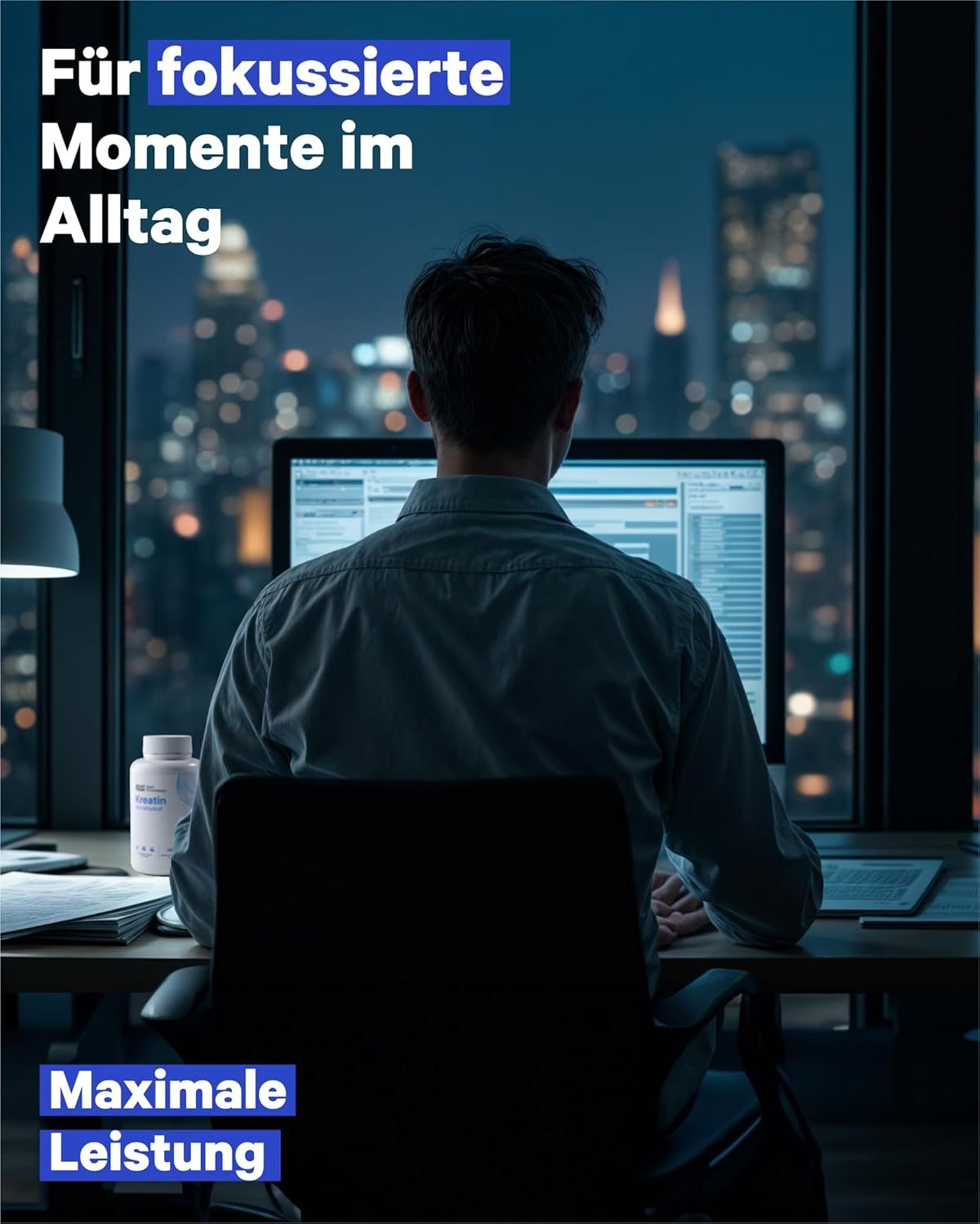 Mann arbeitet am Computer mit Kreatin-Monohydrat-Flasche auf dem Schreibtisch.