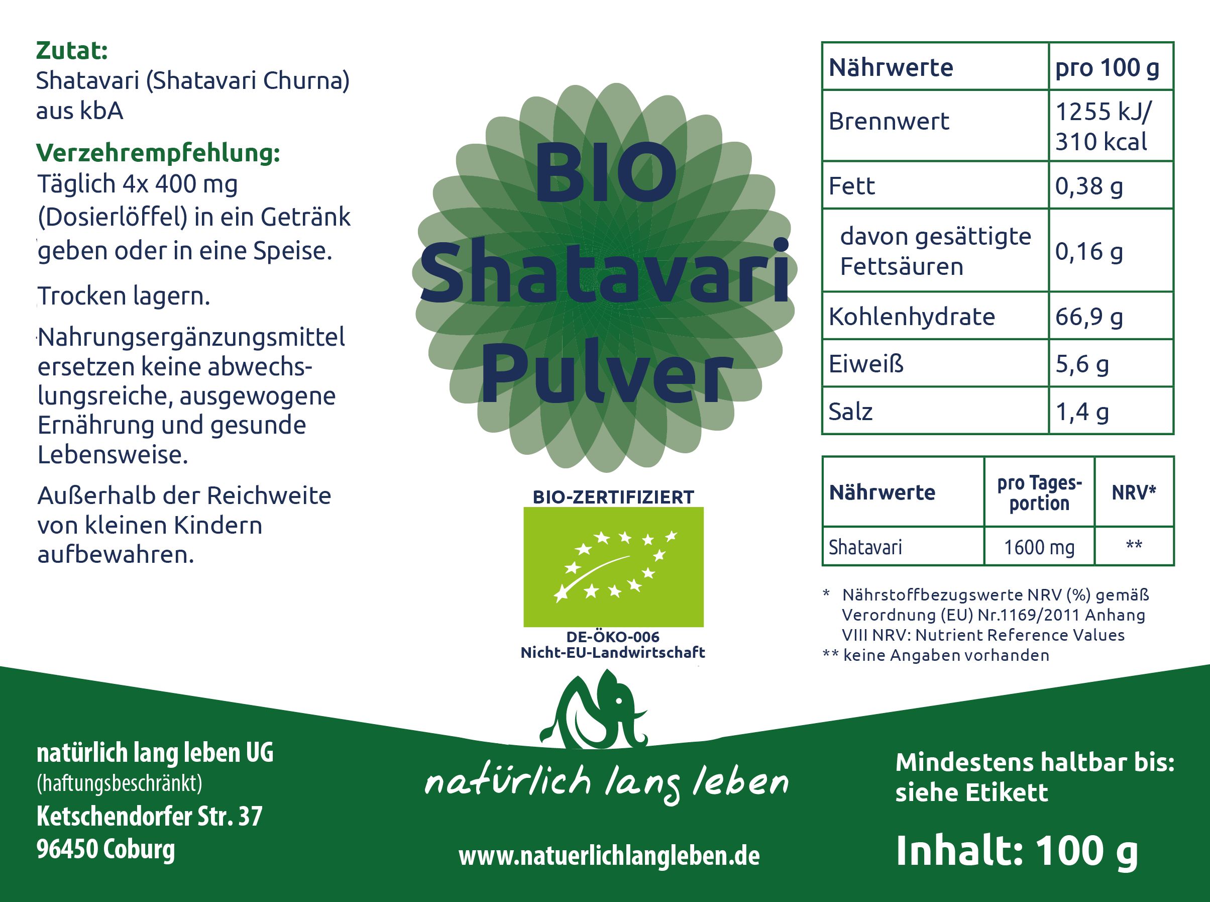Etikett mit Nährwertangaben und Zutatenliste für BIO Shatavari Pulver. Enthält Informationen zu Brennwert, Fett, Kohlenhydrate, Eiweiß und Salz.