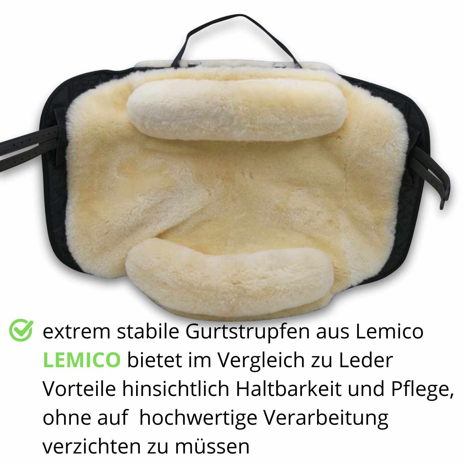 Sattel mit Text: extrem stabile Gurtstrupfen aus Lemico. LEMICO bietet Vorteile hinsichtlich Haltbarkeit und Pflege, ohne auf hochwertige Verarbeitung zu verzichten.