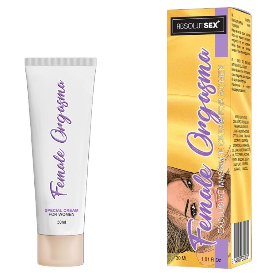 Tube und Verpackung für 'Female Orgasm' Creme, 30ml, mit Frauenporträt und Markenschriftzug.