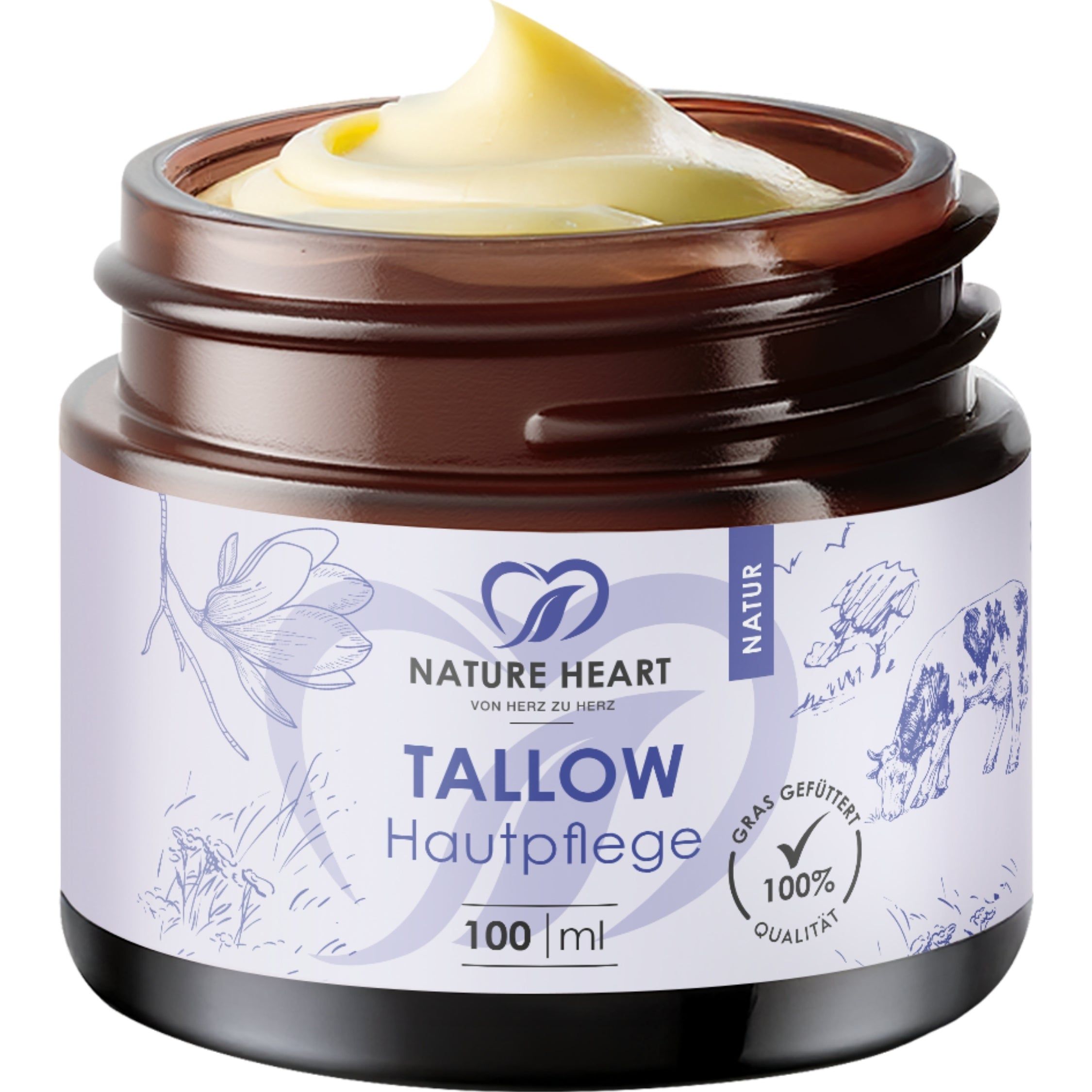 Braunglas Tiegel mit Tallow Hautpflege, 100 ml.