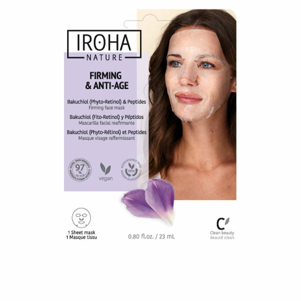 Gesichtsmaske auf einer Frau. Verpackung mit Iroha Nature, Firming & Anti-Age, Bakuchiol & Peptides. Vegan-Siegel.