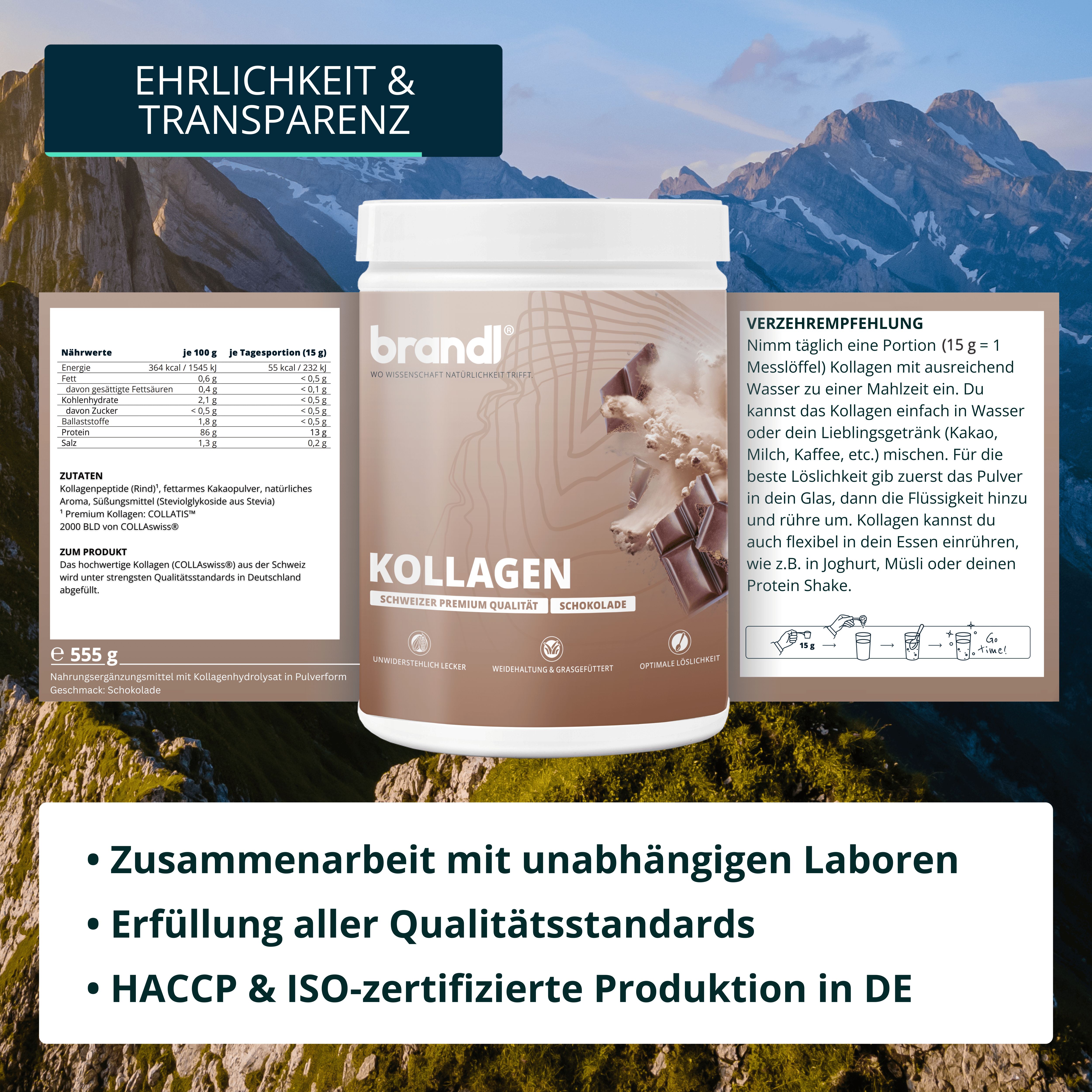 Behälter mit Kollagen. Text: Ehrlichkeit & Transparenz. Text: Verzehrempfehlung. Text: Kollagen.