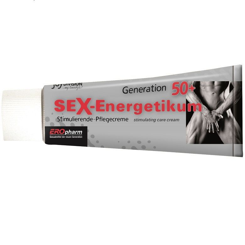Creme-Tube mit Produktnamen und Aufschrift "Generation 50+". Graue Tube mit weißem Deckel. Abbildung eines Oberkörpers.