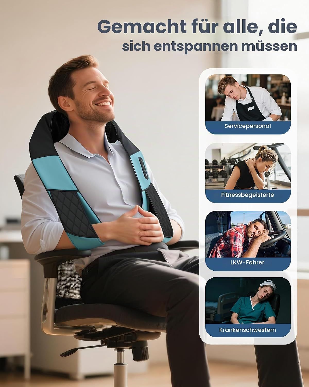 Nacken- und Schultermassagegerät mit 3D-Knetfunktion und roten Heizelementen.