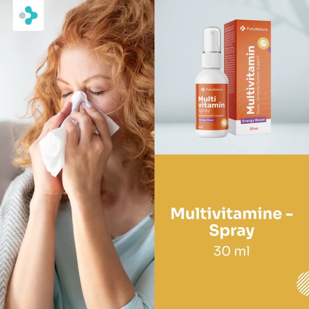 FutuNatura Multivitamine Spray. Orangefarbene Verpackung und Flasche. Menschen tanzen im Hintergrund.