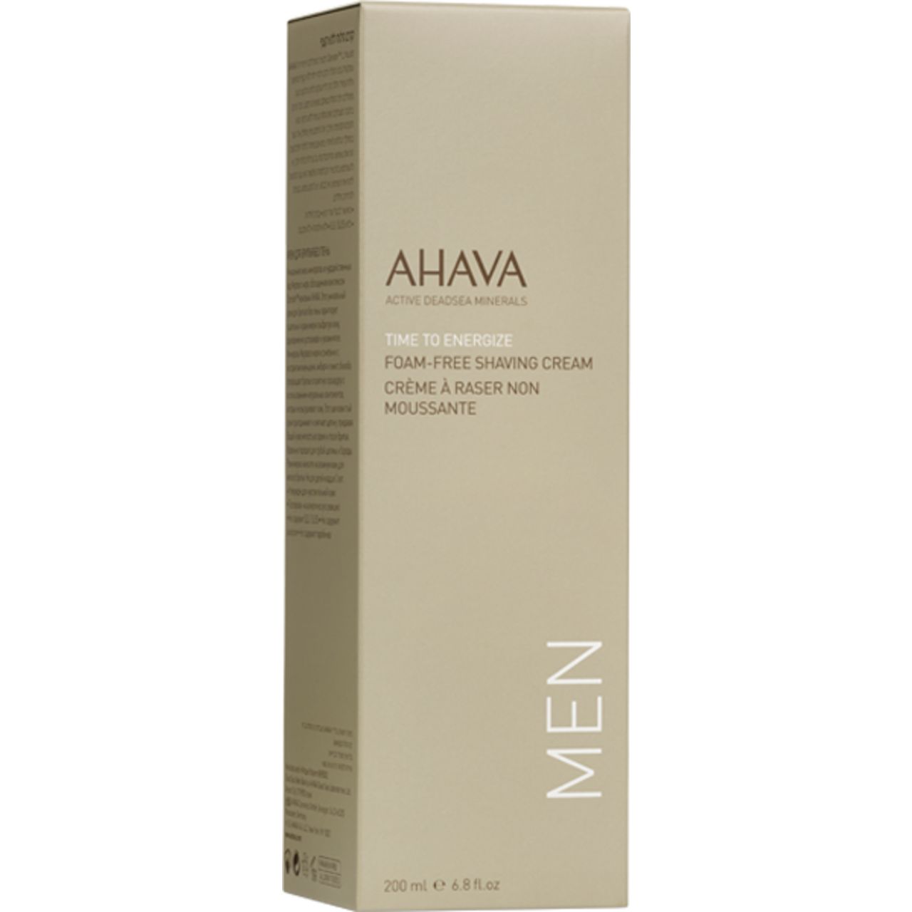 Verpackung Rasiercreme. Beige Schachtel mit Aufschrift: AHAVA, TIME TO ENERGIZE, MEN.