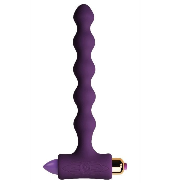 Lila Vibrations-Butt-Plug. Kugelformiger Schaft, T-förmiger Griff. Goldfarbener Knopf. Lila Spitze.