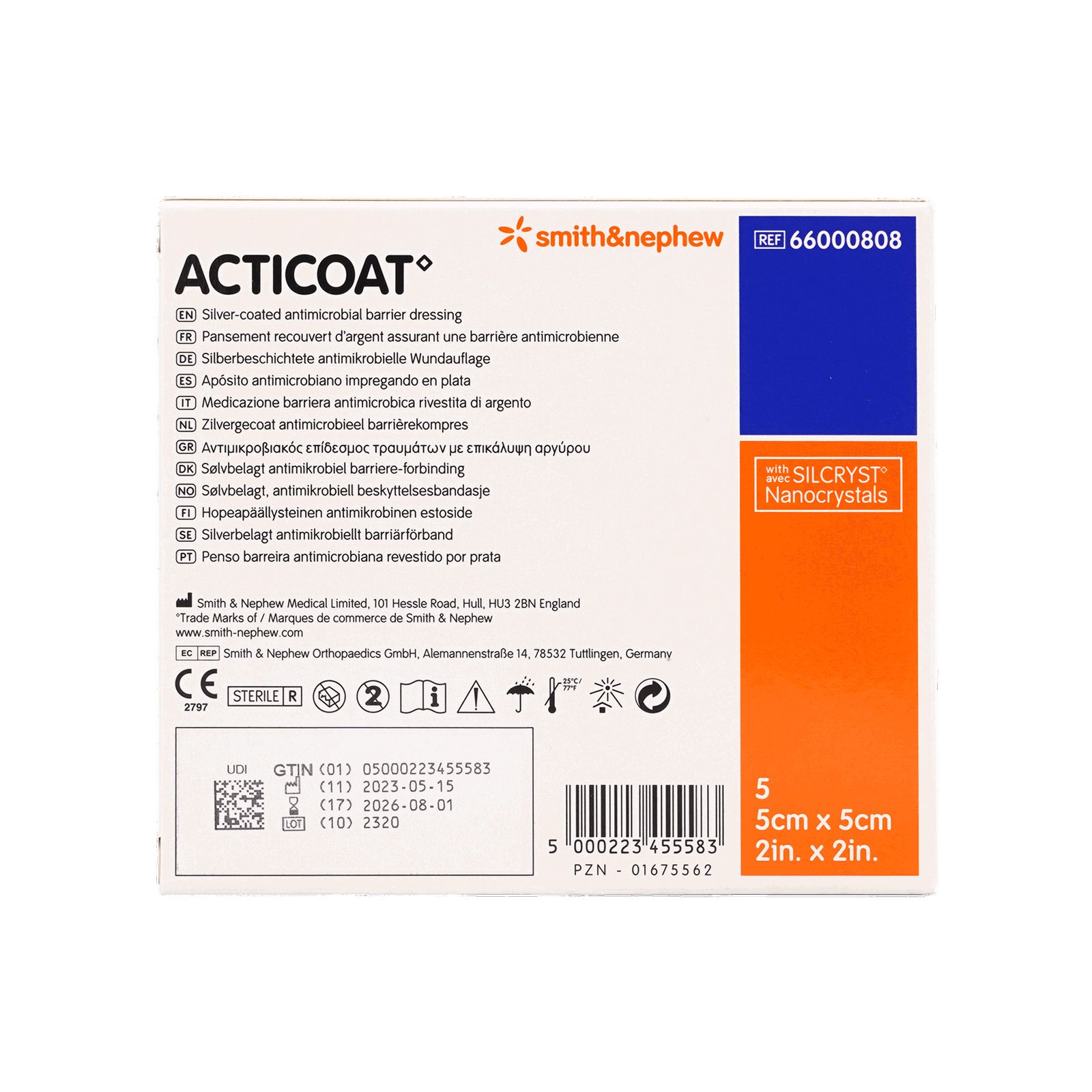 Verpackung von ACTICOAT ANTIMIKRO. Rechteckige Packung mit Produktinformationen. Größe: 5x5cm. Enthält 5 Stück. Smith & Nephew Logo.