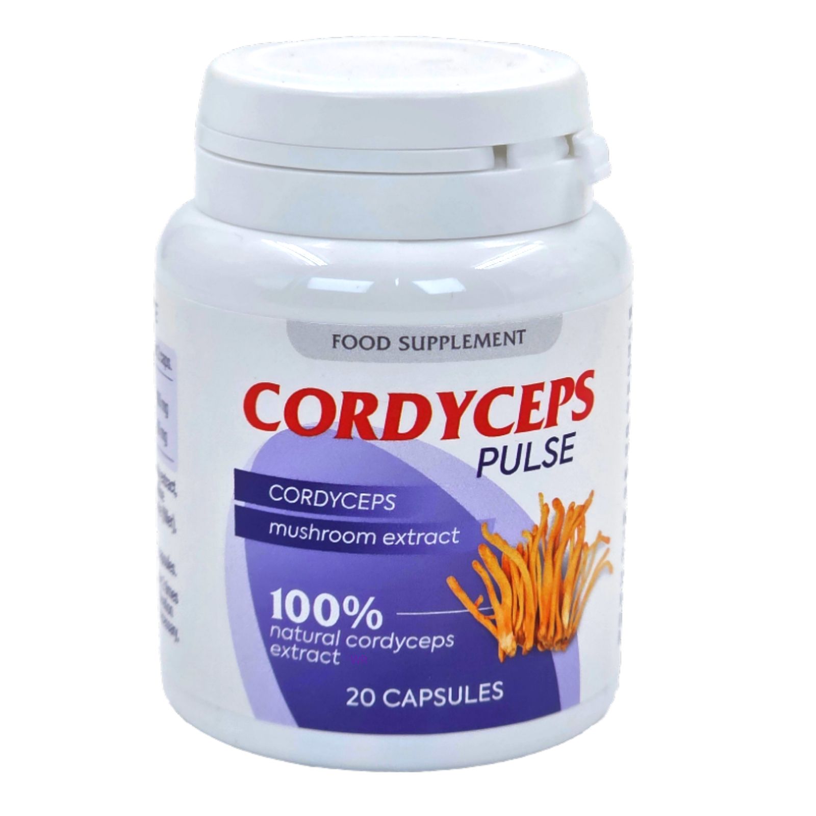 Weiße Flasche mit rotem und blauem Etikett. Aufschrift: Cordyceps Pulse, 100% natürlicher Cordyceps-Extrakt, 20 Kapseln.