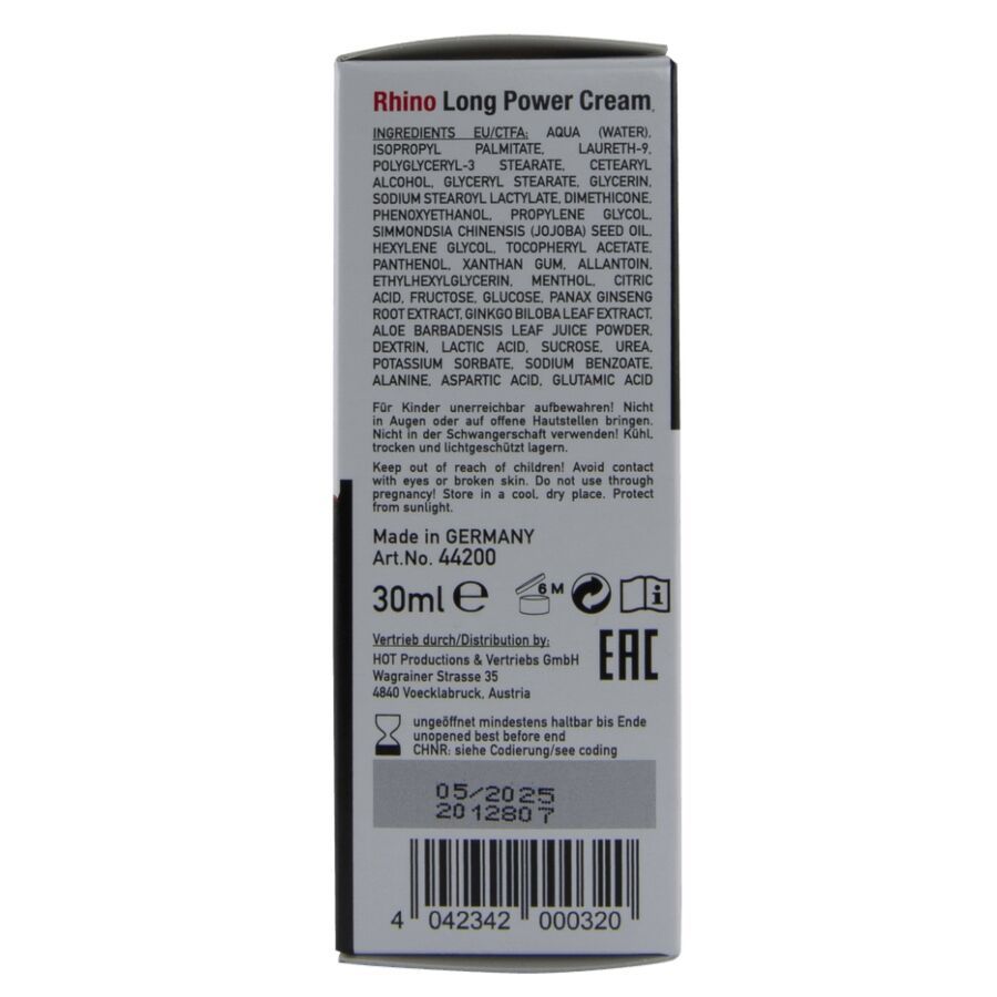 Rückseite der Rhino Long Power Cream Verpackung mit Inhaltsstoffen, Anwendung und Warnhinweisen.