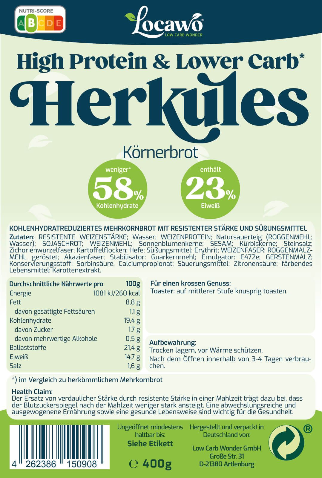 Verpackung Körnerbrot Herkules. Aufdrucke: High Protein & Lower Carb, 58% Kohlenhydrate, 23% Eiweiß. Nährwertangaben.